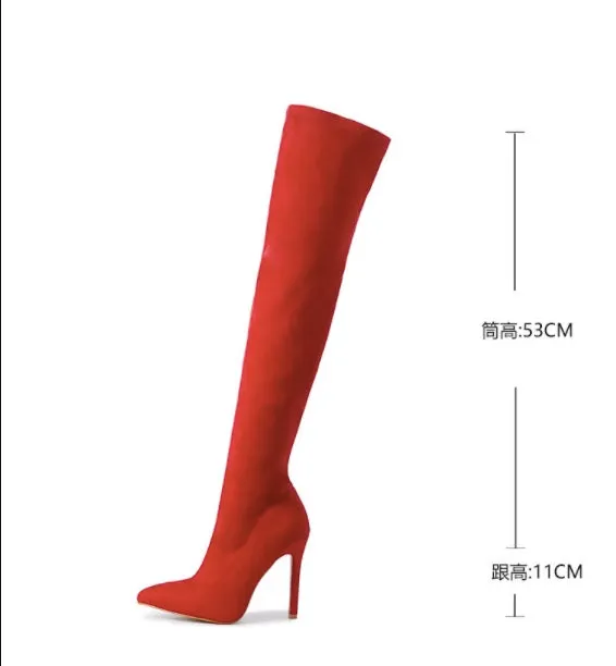 Red Long Elastic High Heels Knee High Boots Fashion Elastic Women's Boots