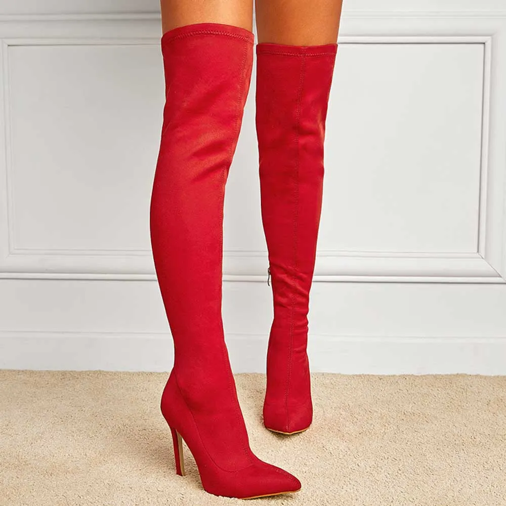 Red Long Elastic High Heels Knee High Boots Fashion Elastic Women's Boots