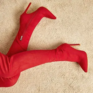 Red Long Elastic High Heels Knee High Boots Fashion Elastic Women's Boots