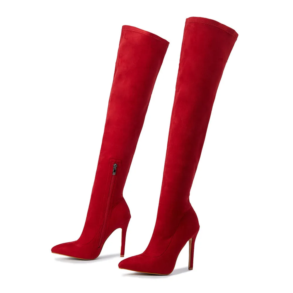 Red Long Elastic High Heels Knee High Boots Fashion Elastic Women's Boots