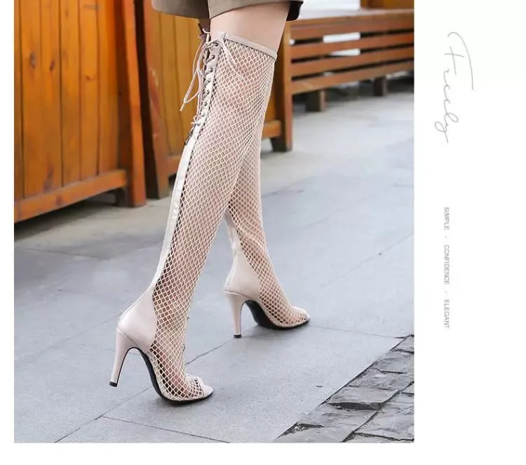Sensual Netted Lace-Up Peep-Toe Summer Boots