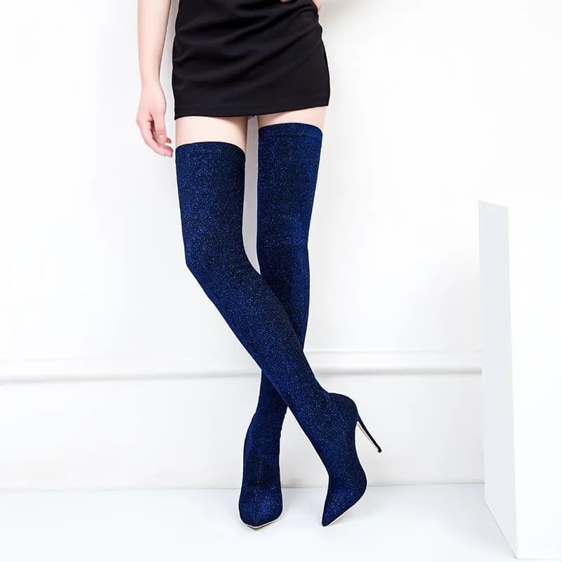 Sequin Stretch Point Toe High Heel Thigh High Boots