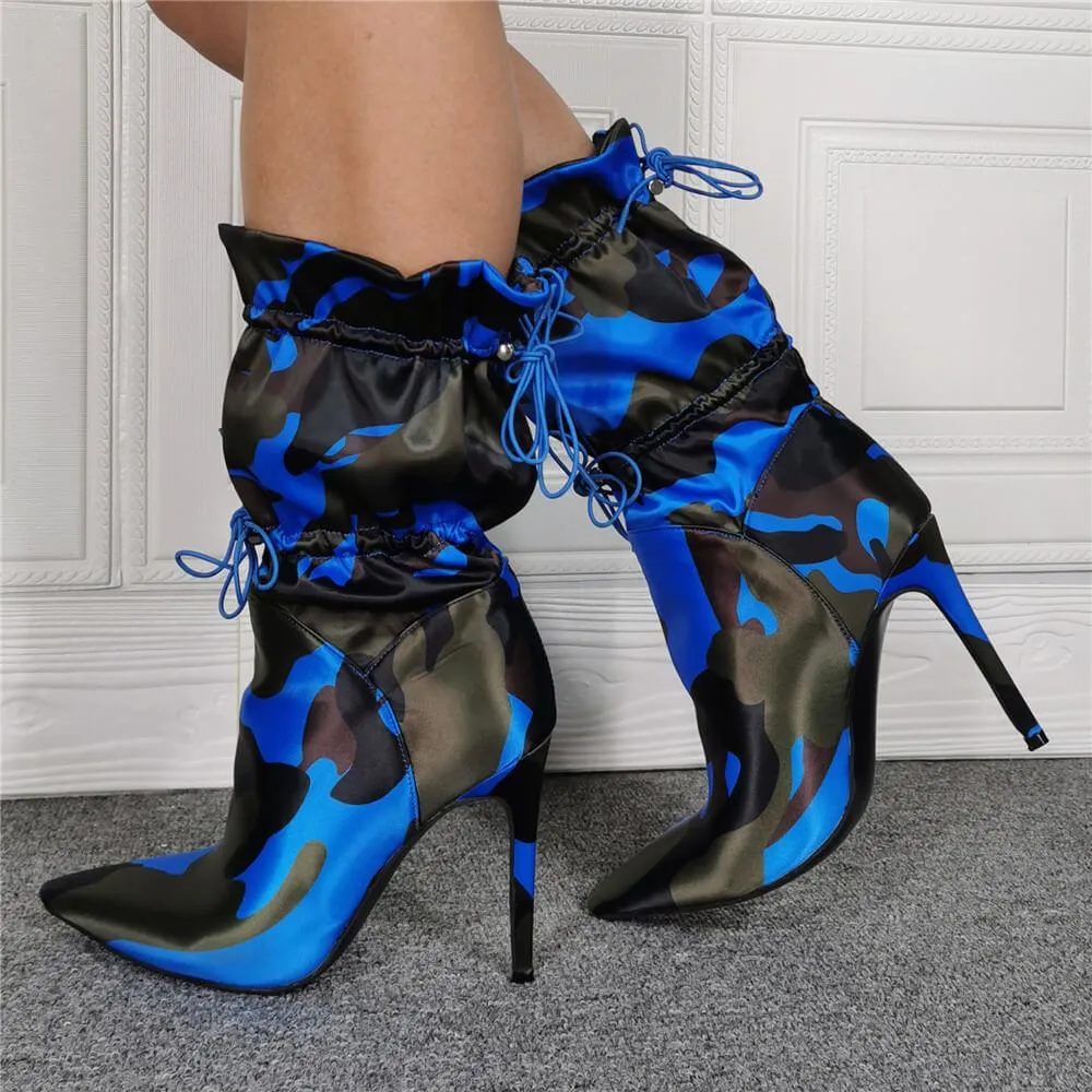 Sexy Camo Point Toe Strap Calf Boots