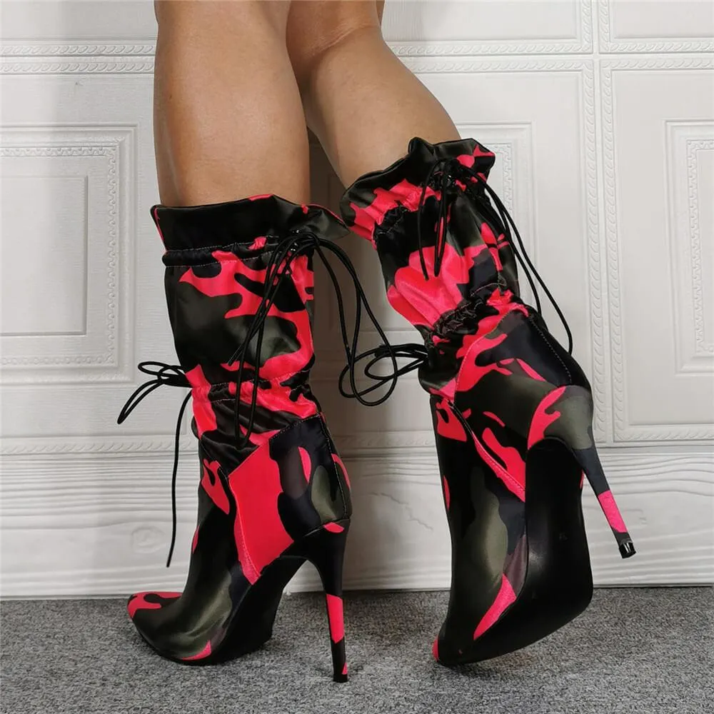 Sexy Camo Point Toe Strap Calf Boots