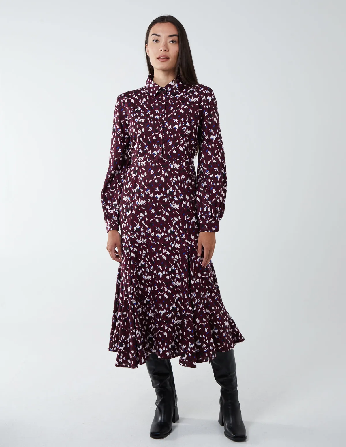 Shirt Midi Dress With Godet Hem