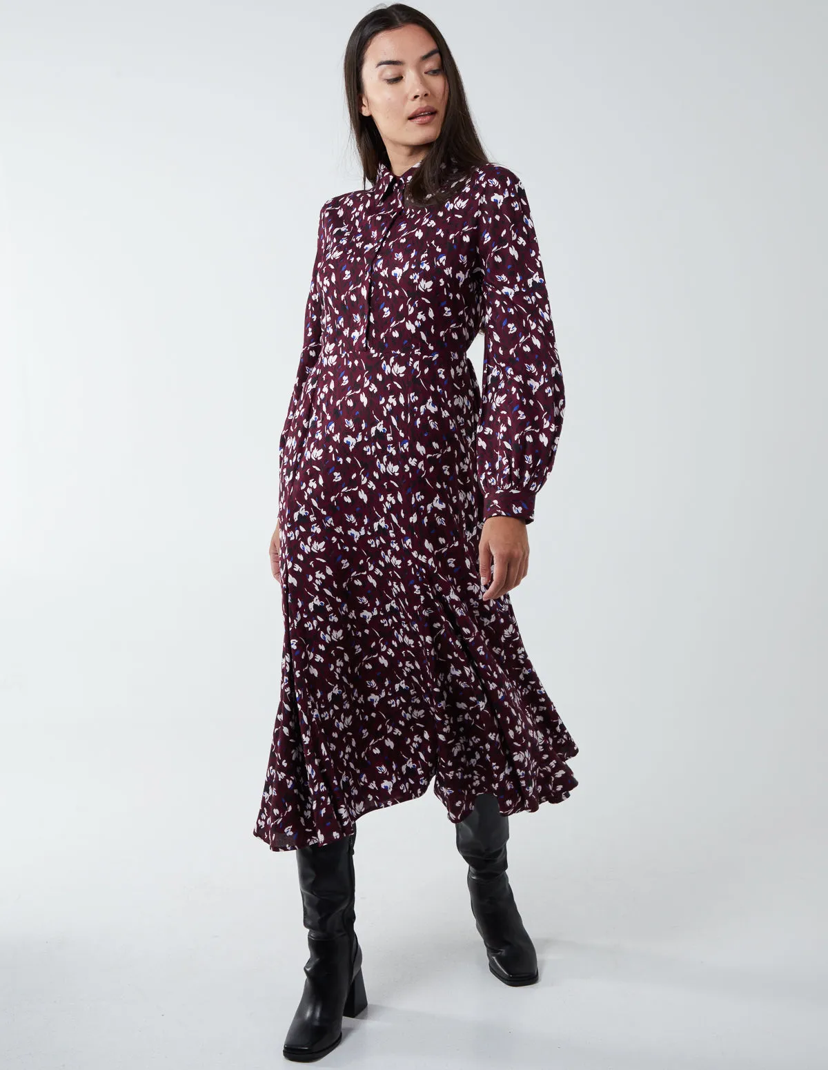 Shirt Midi Dress With Godet Hem