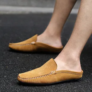 Summer Mules Suede Leather Half Shoes For Men Casual Mens Penny Loafers Slipper Slip On Flats Lazy Driving Shoes Man Moccasin