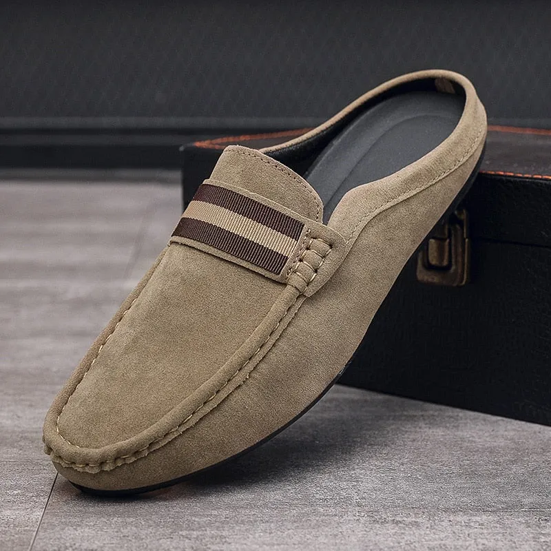 Summer Mules Suede Leather Half Shoes For Men Casual Mens Penny Loafers Slipper Slip On Flats Lazy Driving Shoes Man Moccasin