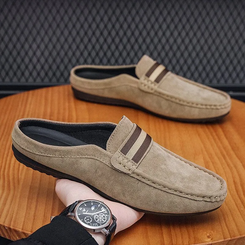 Summer Mules Suede Leather Half Shoes For Men Casual Mens Penny Loafers Slipper Slip On Flats Lazy Driving Shoes Man Moccasin