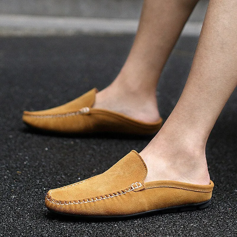 Summer Mules Suede Leather Half Shoes For Men Casual Mens Penny Loafers Slipper Slip On Flats Lazy Driving Shoes Man Moccasin