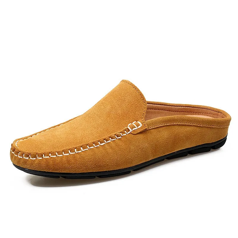 Summer Mules Suede Leather Half Shoes For Men Casual Mens Penny Loafers Slipper Slip On Flats Lazy Driving Shoes Man Moccasin