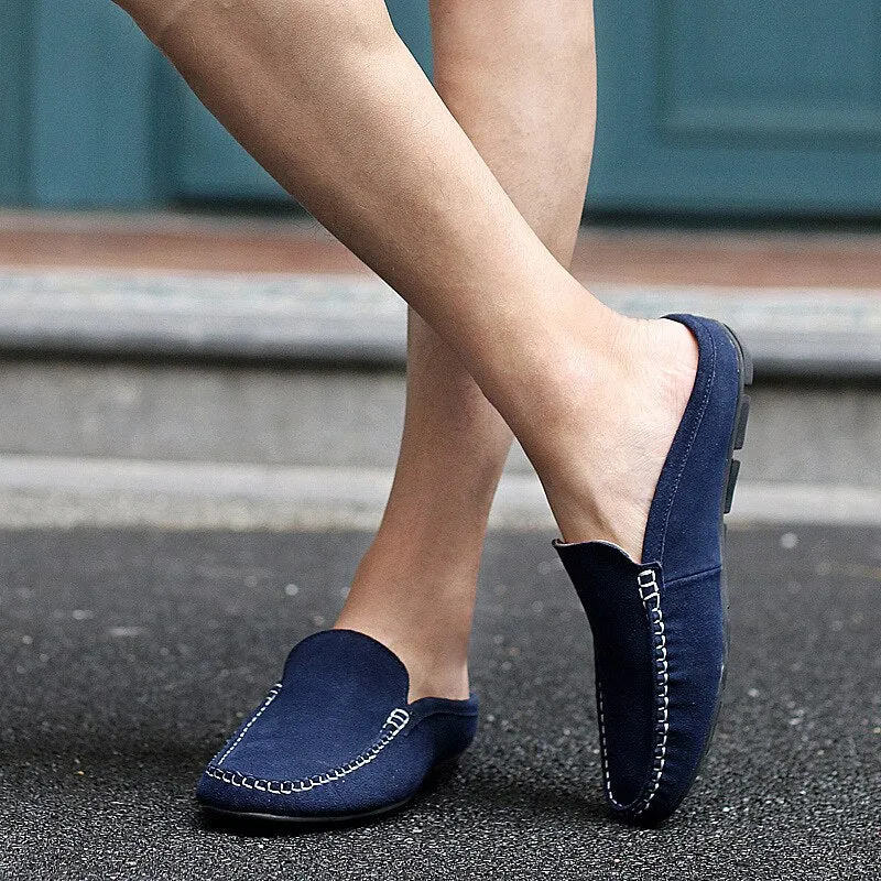 Summer Mules Suede Leather Half Shoes For Men Casual Mens Penny Loafers Slipper Slip On Flats Lazy Driving Shoes Man Moccasin