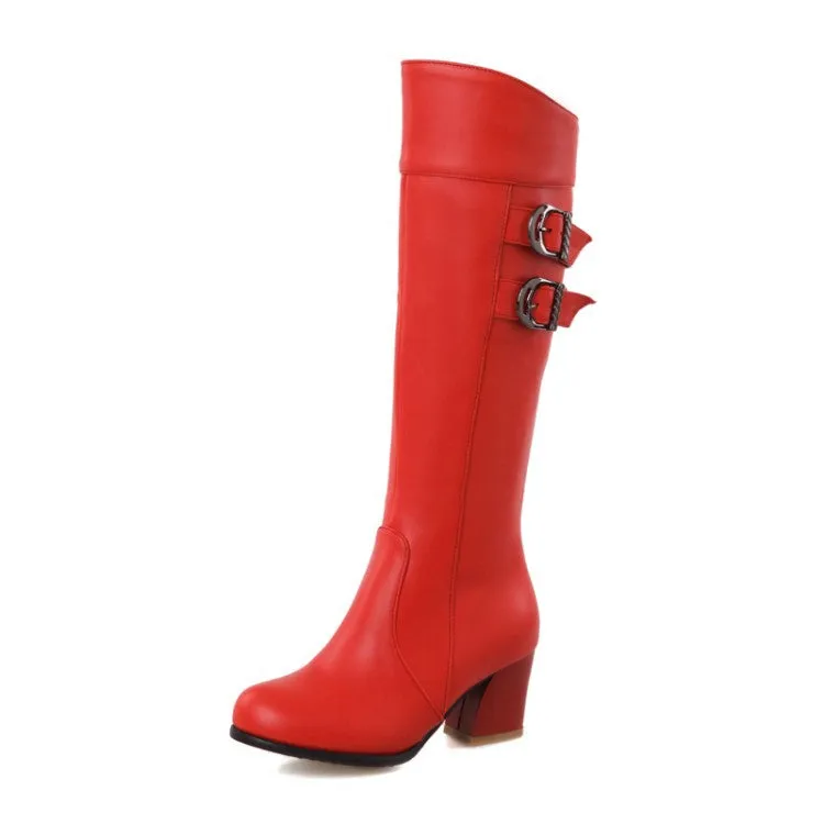 Women's block heels motorcycle boots with buckles under the knee boots