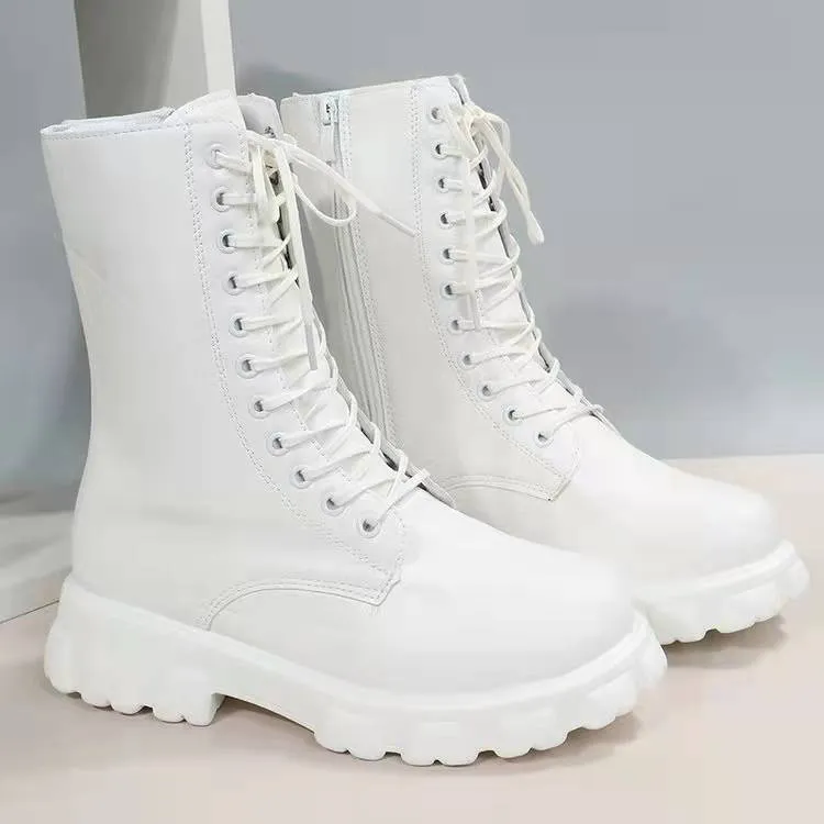 Women's chunky platform mid calf combat boots England style lace-up boots