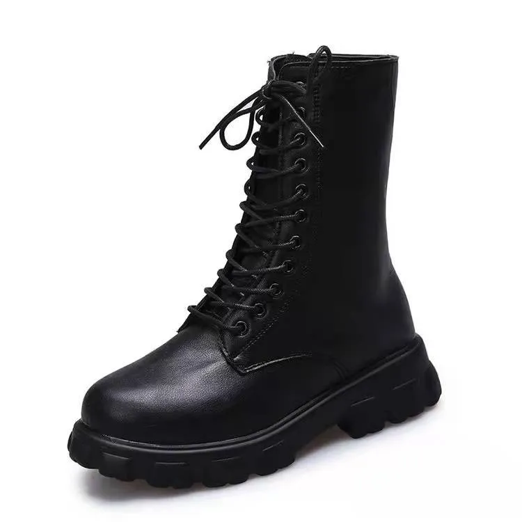 Women's chunky platform mid calf combat boots England style lace-up boots