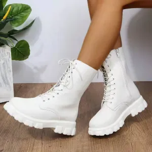 Women's chunky platform mid calf combat boots England style lace-up boots