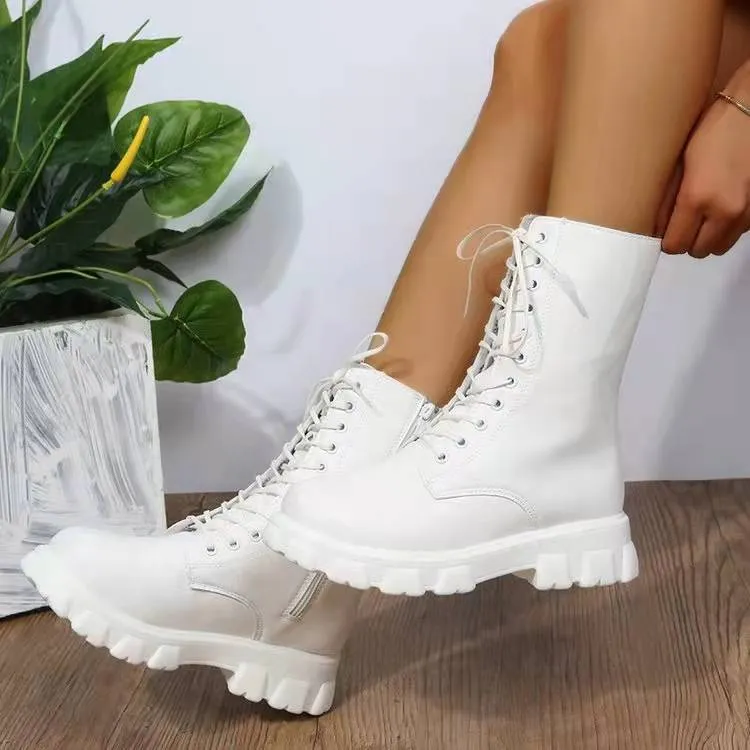 Women's chunky platform mid calf combat boots England style lace-up boots