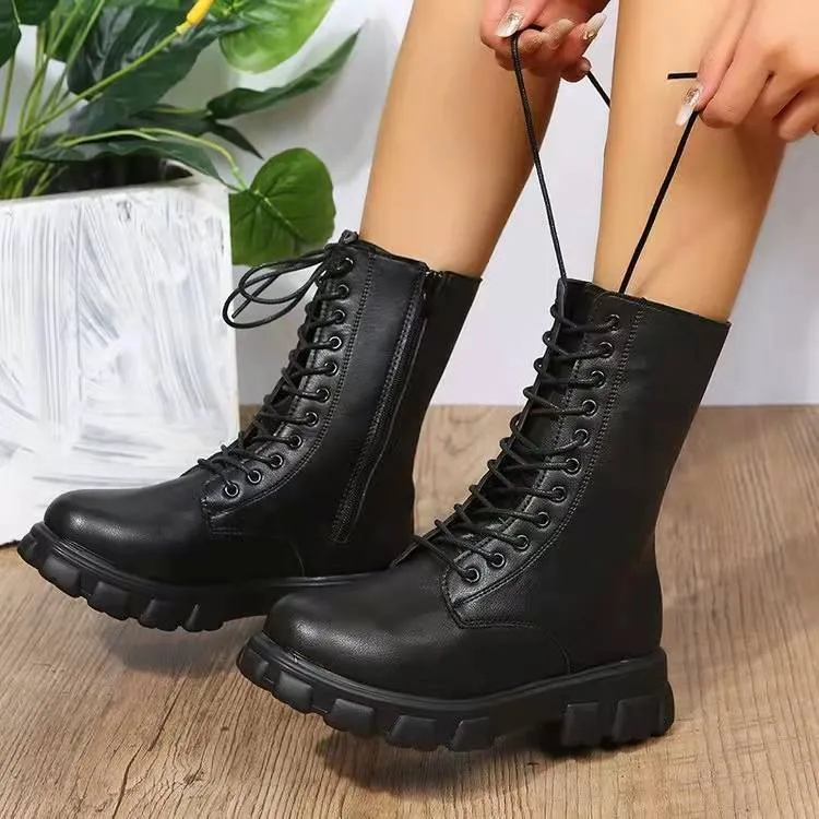 Women's chunky platform mid calf combat boots England style lace-up boots