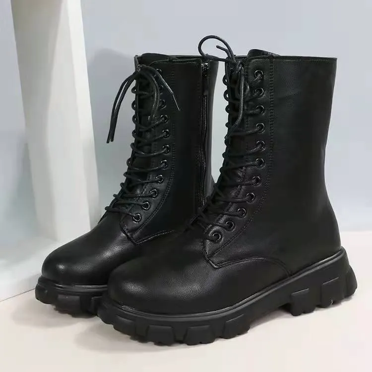 Women's chunky platform mid calf combat boots England style lace-up boots