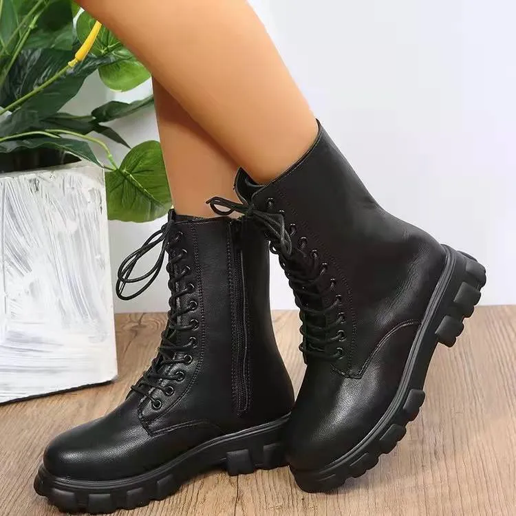 Women's chunky platform mid calf combat boots England style lace-up boots