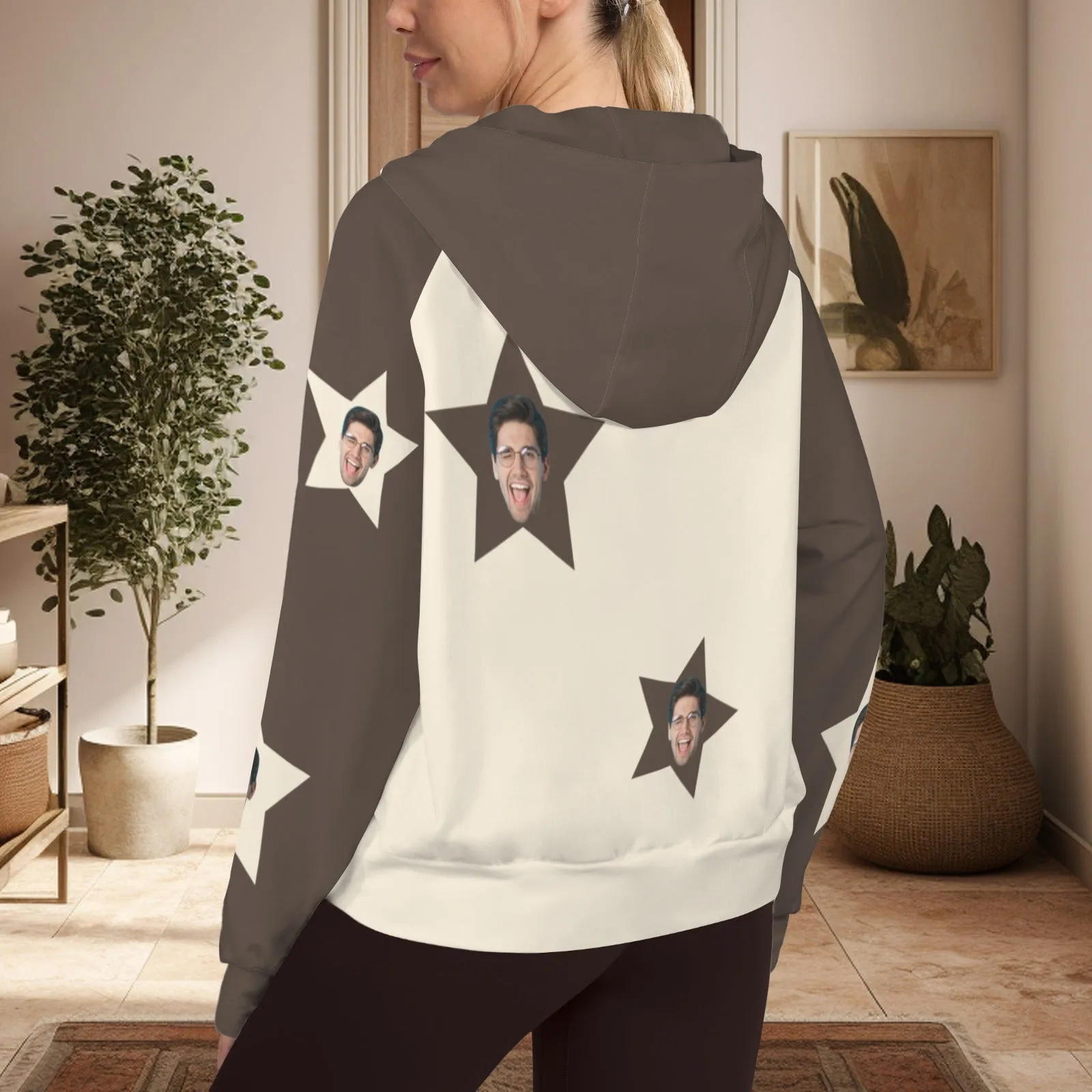 Women's Half Zip Cropped Hoodies Custom Face Stars Fleece Athletic Pullover Hoodies with Pockets Thumb Hole