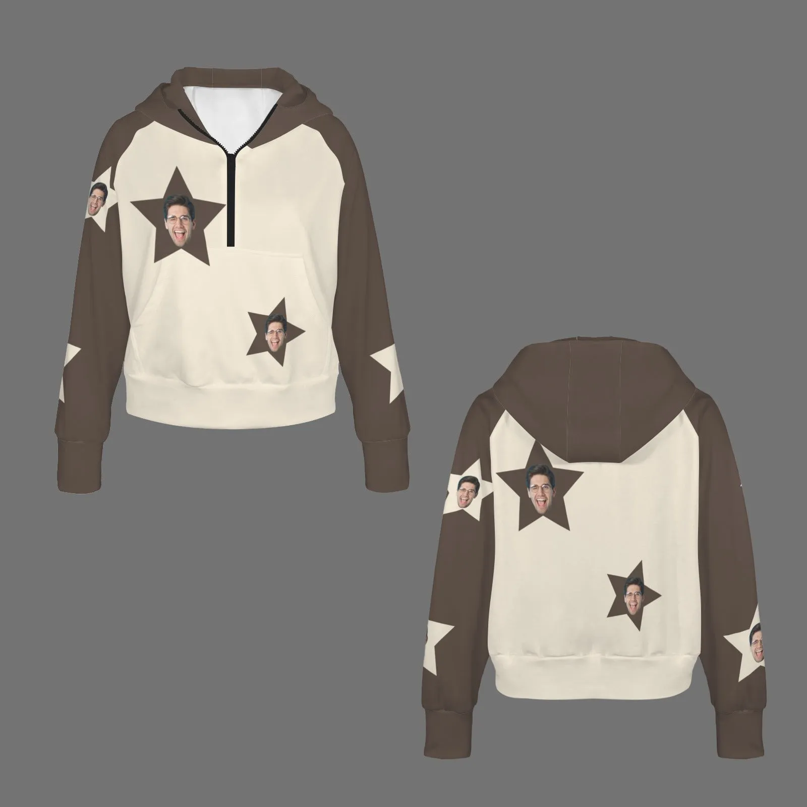Women's Half Zip Cropped Hoodies Custom Face Stars Fleece Athletic Pullover Hoodies with Pockets Thumb Hole