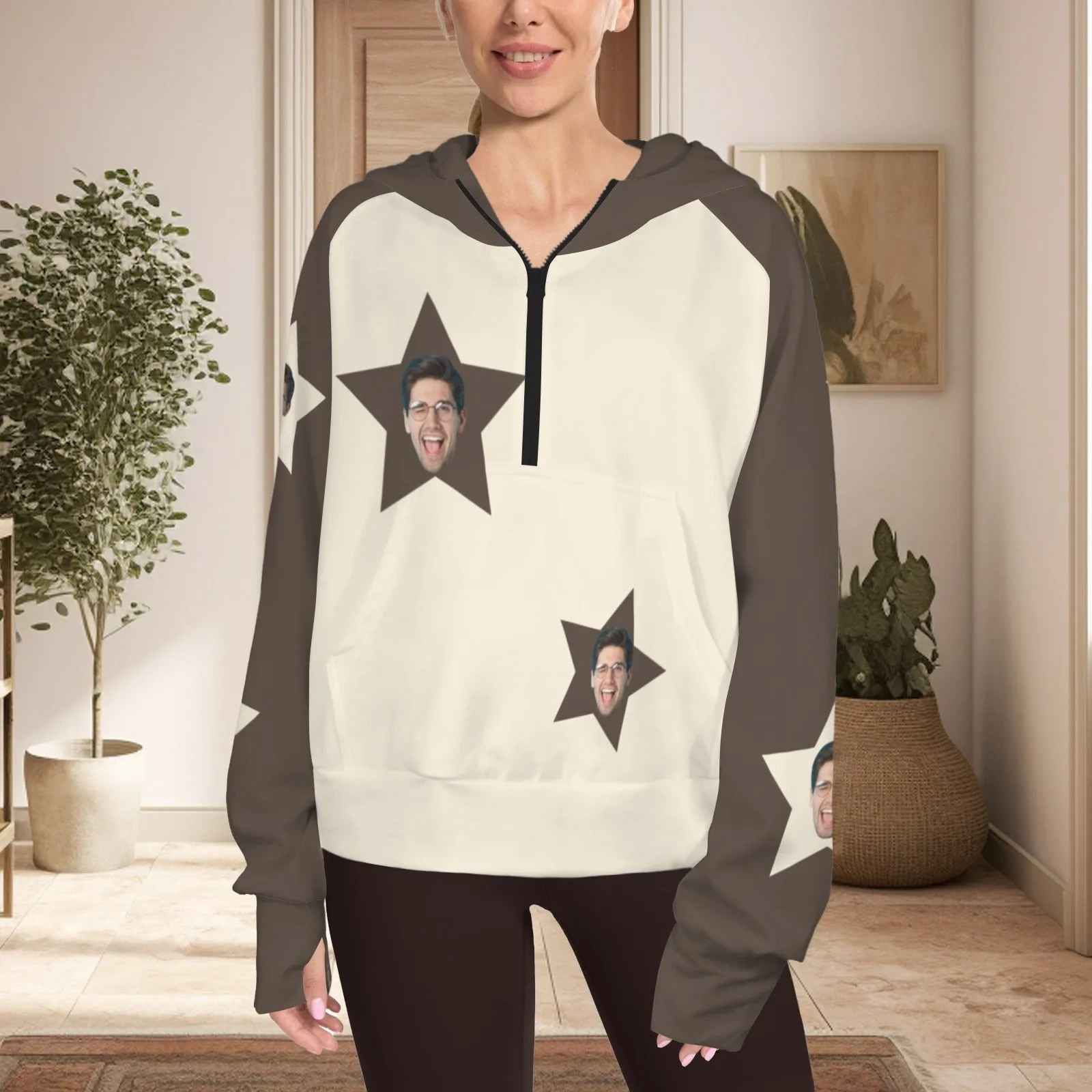 Women's Half Zip Cropped Hoodies Custom Face Stars Fleece Athletic Pullover Hoodies with Pockets Thumb Hole