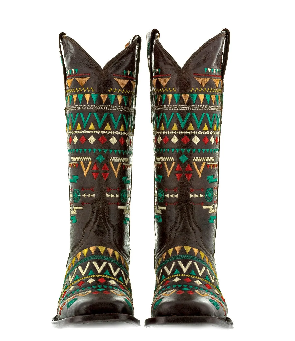 Women's Navajo Brown Embroidered Fashion Cowgirl Boots - Square Toe