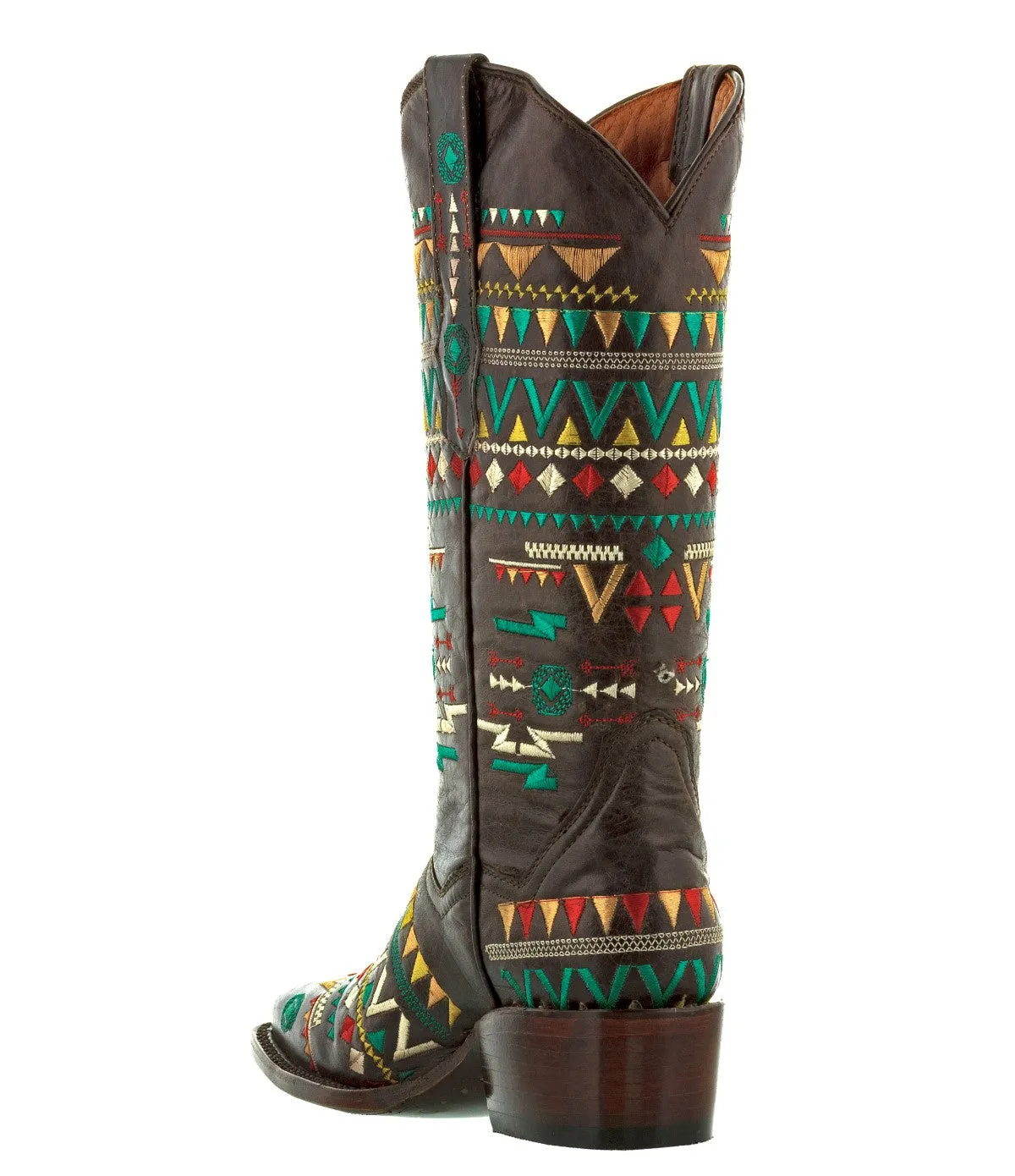 Women's Navajo Brown Embroidered Fashion Cowgirl Boots - Square Toe