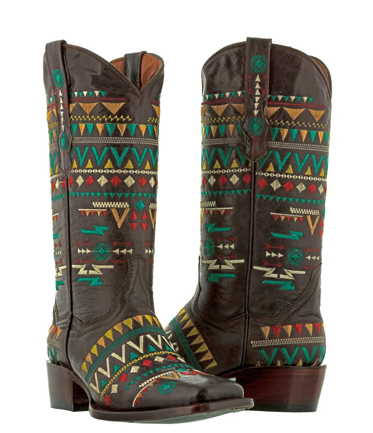 Women's Navajo Brown Embroidered Fashion Cowgirl Boots - Square Toe