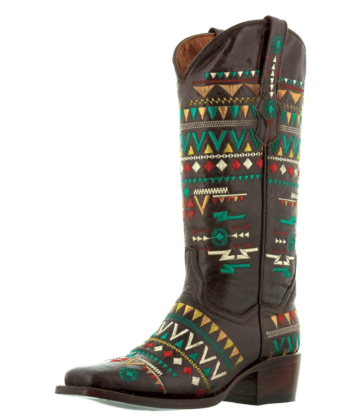 Women's Navajo Brown Embroidered Fashion Cowgirl Boots - Square Toe